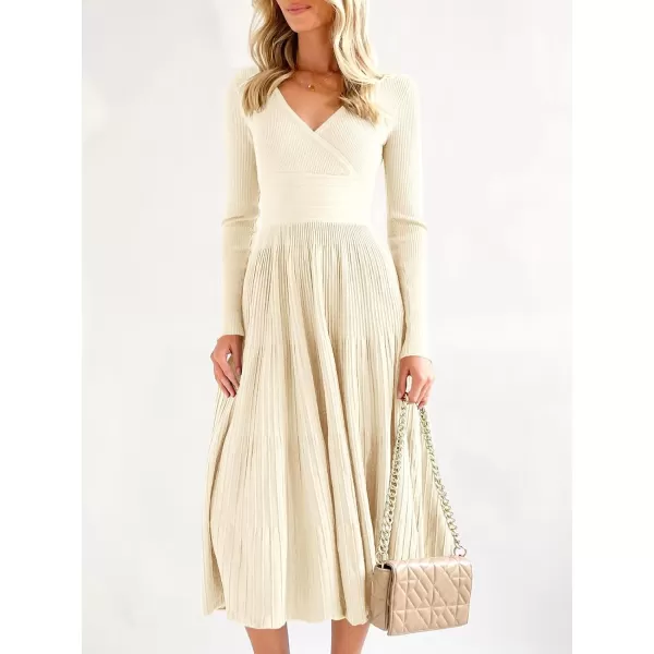 Saodimallsu Womens Long Sleeve Midi Sweater Dress Wrap V Neck Pleated A Line Fit Flare Elegant Knit Maxi DressBeige