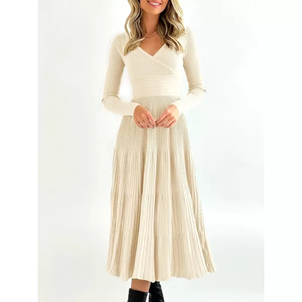 Saodimallsu Womens Long Sleeve Midi Sweater Dress Wrap V Neck Pleated A Line Fit Flare Elegant Knit Maxi DressBeige