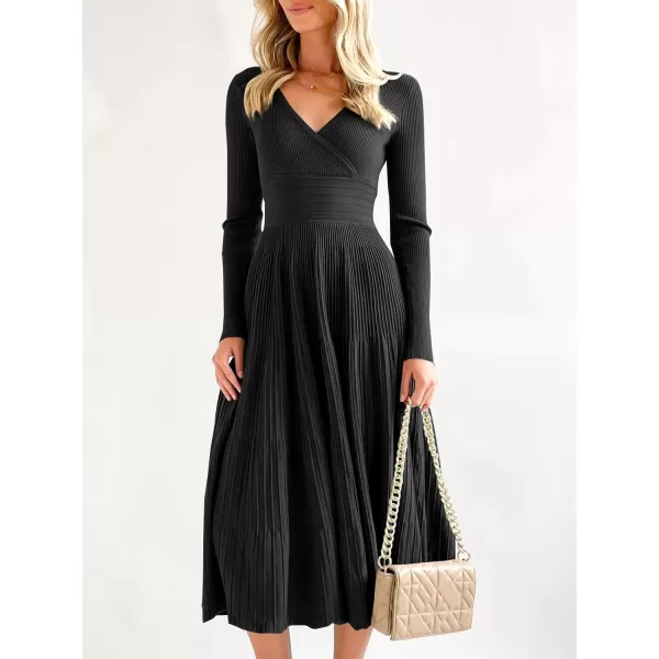 Saodimallsu Womens Long Sleeve Midi Sweater Dress Wrap V Neck Pleated A Line Fit Flare Elegant Knit Maxi DressBlack