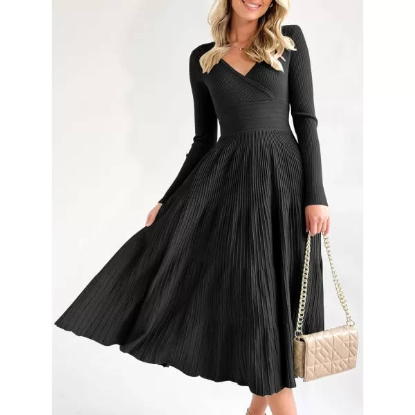 Saodimallsu Womens Long Sleeve Midi Sweater Dress Wrap V Neck Pleated A Line Fit Flare Elegant Knit Maxi DressBlack