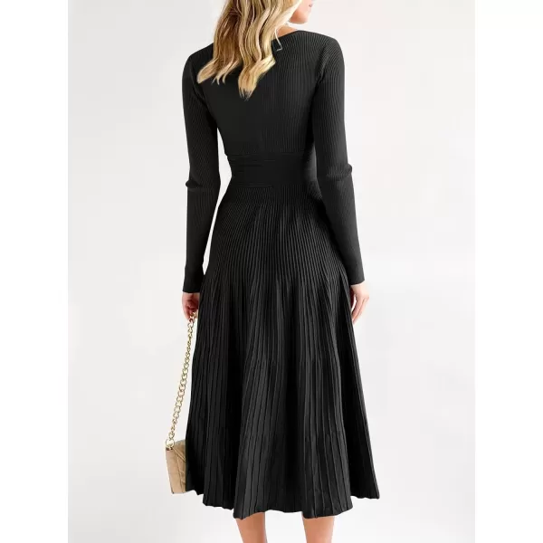 Saodimallsu Womens Long Sleeve Midi Sweater Dress Wrap V Neck Pleated A Line Fit Flare Elegant Knit Maxi DressBlack