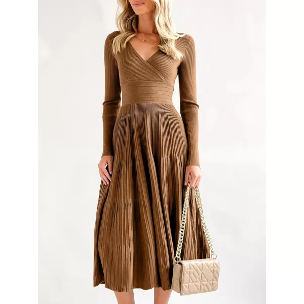 Saodimallsu Womens Long Sleeve Midi Sweater Dress Wrap V Neck Pleated A Line Fit Flare Elegant Knit Maxi DressBrown