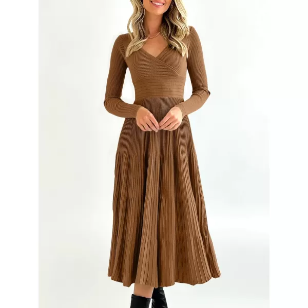 Saodimallsu Womens Long Sleeve Midi Sweater Dress Wrap V Neck Pleated A Line Fit Flare Elegant Knit Maxi DressBrown