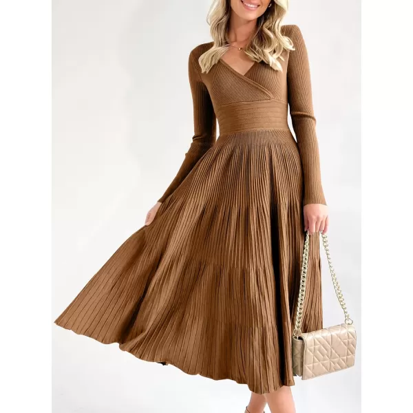 Saodimallsu Womens Long Sleeve Midi Sweater Dress Wrap V Neck Pleated A Line Fit Flare Elegant Knit Maxi DressBrown