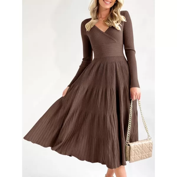 Saodimallsu Womens Long Sleeve Midi Sweater Dress Wrap V Neck Pleated A Line Fit Flare Elegant Knit Maxi DressCoffee