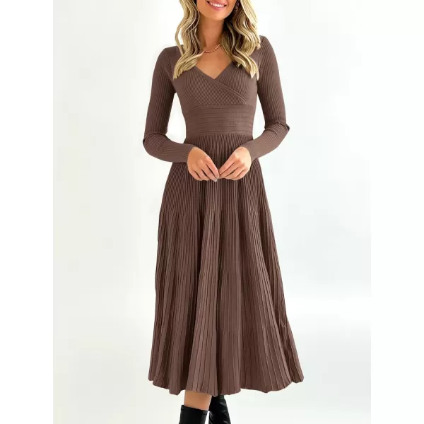 Saodimallsu Womens Long Sleeve Midi Sweater Dress Wrap V Neck Pleated A Line Fit Flare Elegant Knit Maxi DressCoffee