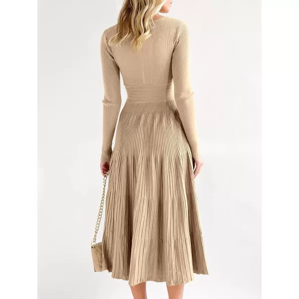 Saodimallsu Womens Long Sleeve Midi Sweater Dress Wrap V Neck Pleated A Line Fit Flare Elegant Knit Maxi DressKhaki