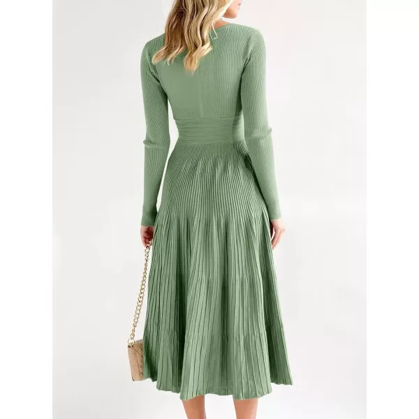 Saodimallsu Womens Long Sleeve Midi Sweater Dress Wrap V Neck Pleated A Line Fit Flare Elegant Knit Maxi DressLight Green