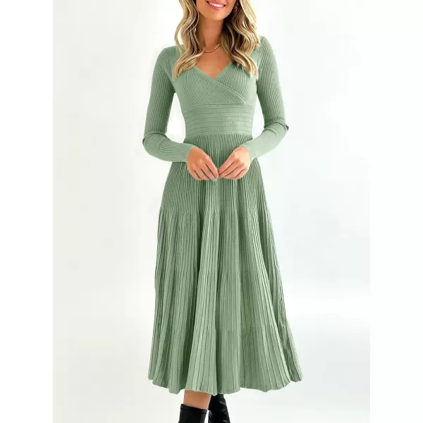 Saodimallsu Womens Long Sleeve Midi Sweater Dress Wrap V Neck Pleated A Line Fit Flare Elegant Knit Maxi DressLight Green