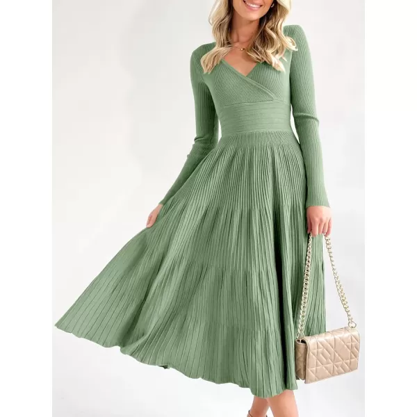 Saodimallsu Womens Long Sleeve Midi Sweater Dress Wrap V Neck Pleated A Line Fit Flare Elegant Knit Maxi DressLight Green