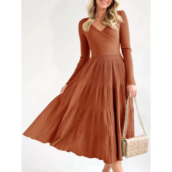 Saodimallsu Womens Long Sleeve Midi Sweater Dress Wrap V Neck Pleated A Line Fit Flare Elegant Knit Maxi DressOrange