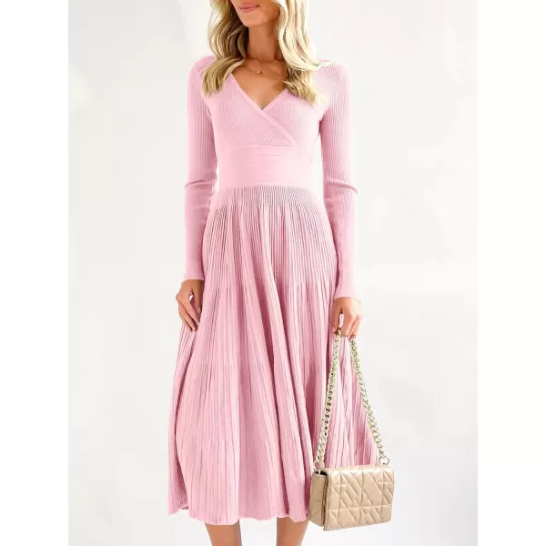 Saodimallsu Womens Long Sleeve Midi Sweater Dress Wrap V Neck Pleated A Line Fit Flare Elegant Knit Maxi DressPink