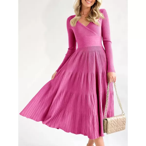 Saodimallsu Womens Long Sleeve Midi Sweater Dress Wrap V Neck Pleated A Line Fit Flare Elegant Knit Maxi DressRose Red