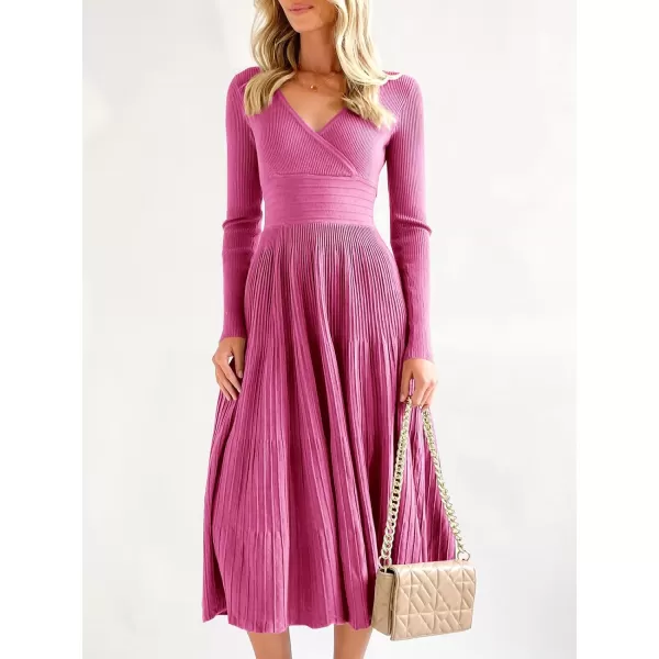 Saodimallsu Womens Long Sleeve Midi Sweater Dress Wrap V Neck Pleated A Line Fit Flare Elegant Knit Maxi DressRose Red