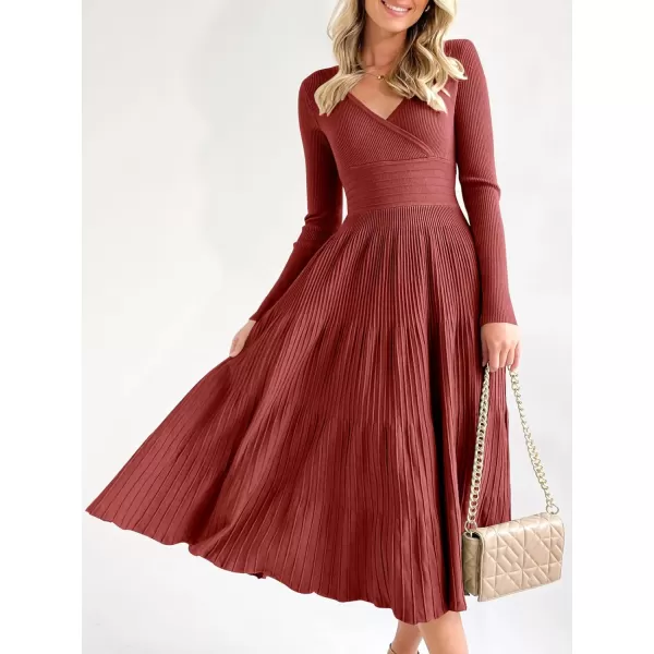 Saodimallsu Womens Long Sleeve Midi Sweater Dress Wrap V Neck Pleated A Line Fit Flare Elegant Knit Maxi DressWine Red