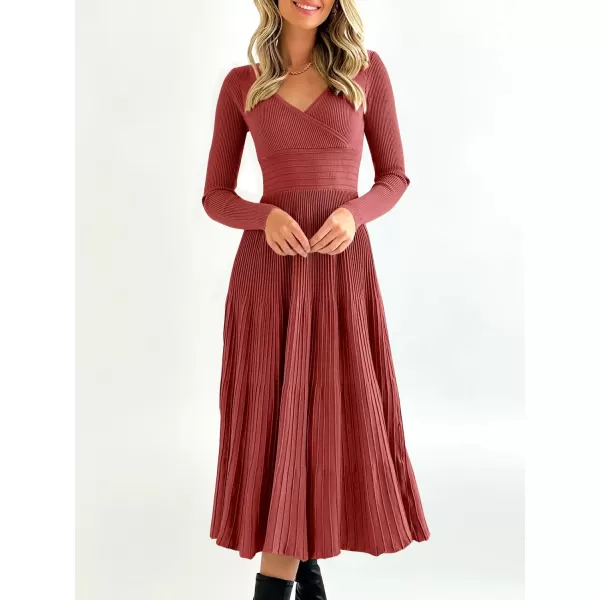 Saodimallsu Womens Long Sleeve Midi Sweater Dress Wrap V Neck Pleated A Line Fit Flare Elegant Knit Maxi DressWine Red