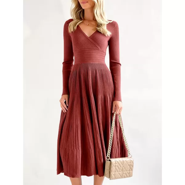 Saodimallsu Womens Long Sleeve Midi Sweater Dress Wrap V Neck Pleated A Line Fit Flare Elegant Knit Maxi DressWine Red