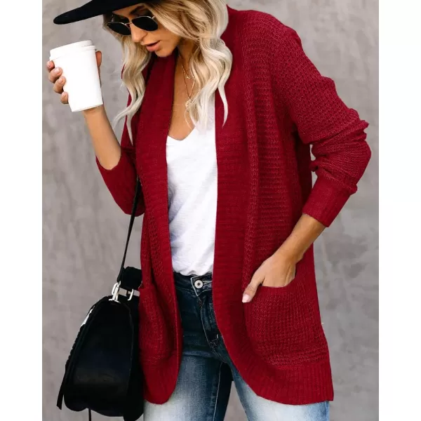 Saodimallsu Womens Loose Open Front Cardigan Long Sleeve Casual Lightweight Soft Knit Sweaters Coat with PocketsWine Red