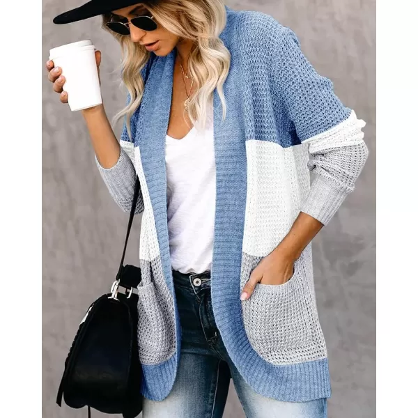 Saodimallsu Womens Loose Open Front Cardigan Long Sleeve Casual Lightweight Soft Knit Sweaters Coat with PocketsZ Colorblock Blue