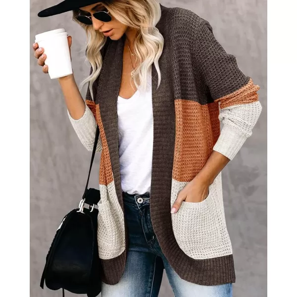 Saodimallsu Womens Loose Open Front Cardigan Long Sleeve Casual Lightweight Soft Knit Sweaters Coat with PocketsZ Colorblock Brown