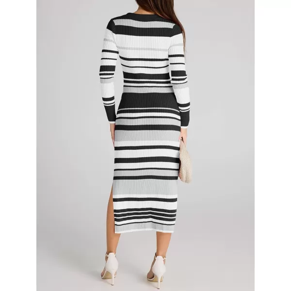 Saodimallsu Womens Striped Sweater Dress V Neck Collared Slim Fit Fall Knit Trendy Sexy Bodycon Slit Midi DressesBlack