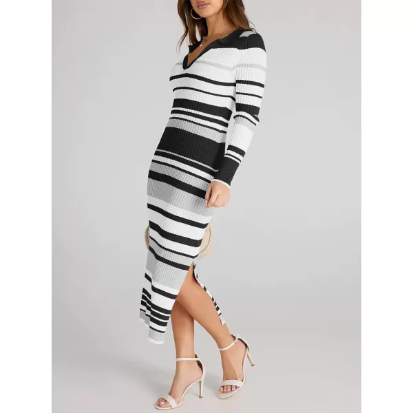 Saodimallsu Womens Striped Sweater Dress V Neck Collared Slim Fit Fall Knit Trendy Sexy Bodycon Slit Midi DressesBlack