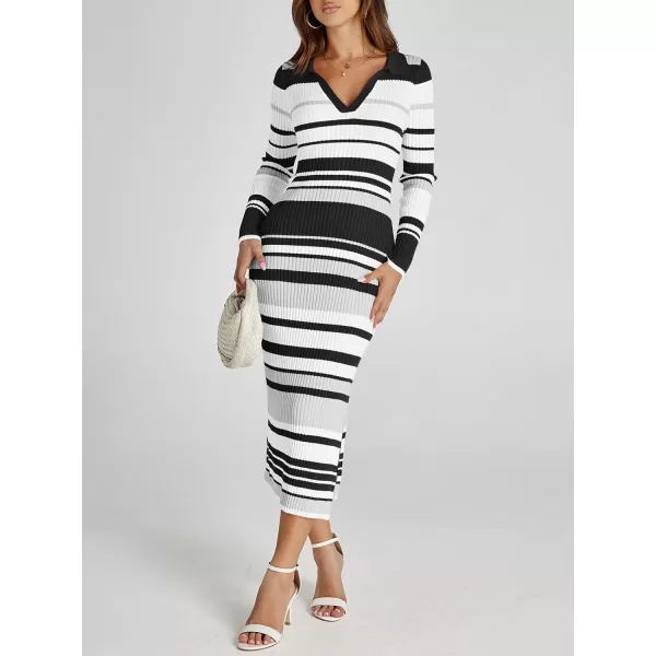 Saodimallsu Womens Striped Sweater Dress V Neck Collared Slim Fit Fall Knit Trendy Sexy Bodycon Slit Midi DressesBlack