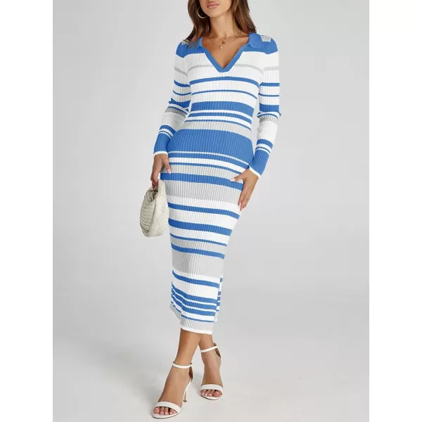 Saodimallsu Womens Striped Sweater Dress V Neck Collared Slim Fit Fall Knit Trendy Sexy Bodycon Slit Midi DressesBlue