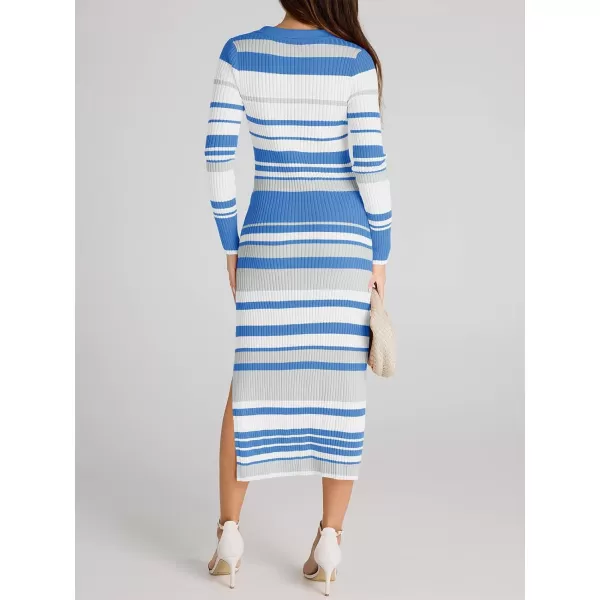 Saodimallsu Womens Striped Sweater Dress V Neck Collared Slim Fit Fall Knit Trendy Sexy Bodycon Slit Midi DressesBlue