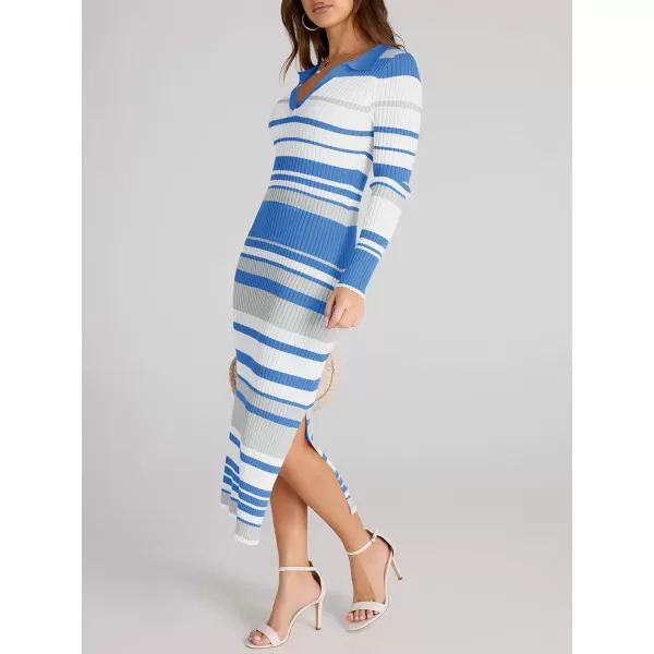 Saodimallsu Womens Striped Sweater Dress V Neck Collared Slim Fit Fall Knit Trendy Sexy Bodycon Slit Midi DressesBlue