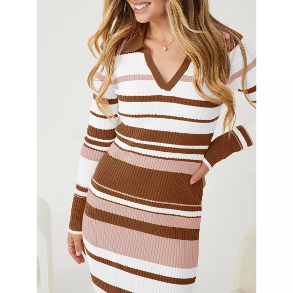 Saodimallsu Womens Striped Sweater Dress V Neck Collared Slim Fit Fall Knit Trendy Sexy Bodycon Slit Midi DressesBrown