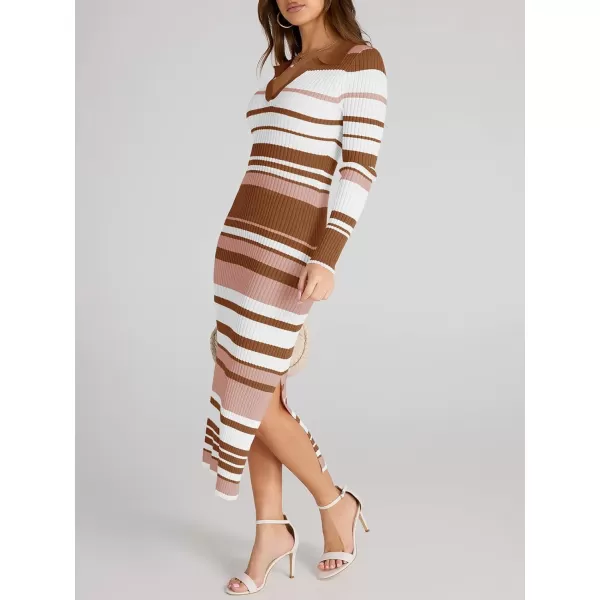 Saodimallsu Womens Striped Sweater Dress V Neck Collared Slim Fit Fall Knit Trendy Sexy Bodycon Slit Midi DressesBrown