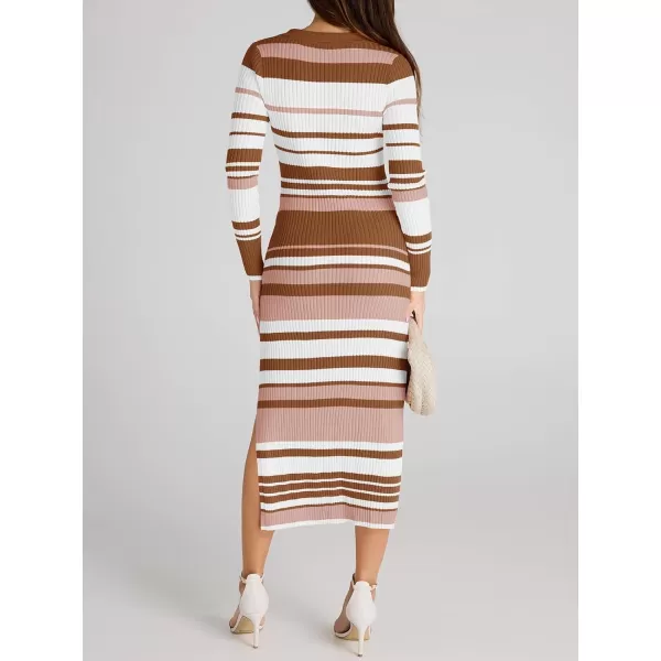 Saodimallsu Womens Striped Sweater Dress V Neck Collared Slim Fit Fall Knit Trendy Sexy Bodycon Slit Midi DressesBrown