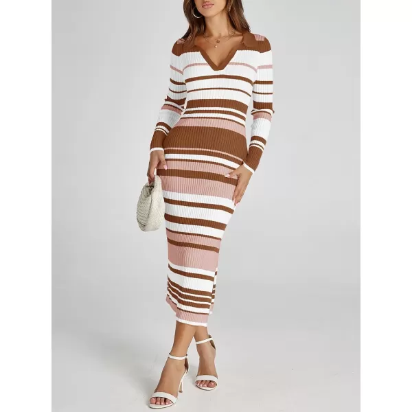 Saodimallsu Womens Striped Sweater Dress V Neck Collared Slim Fit Fall Knit Trendy Sexy Bodycon Slit Midi DressesBrown