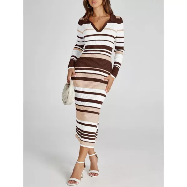 Saodimallsu Womens Striped Sweater Dress V Neck Collared Slim Fit Fall Knit Trendy Sexy Bodycon Slit Midi DressesCoffee