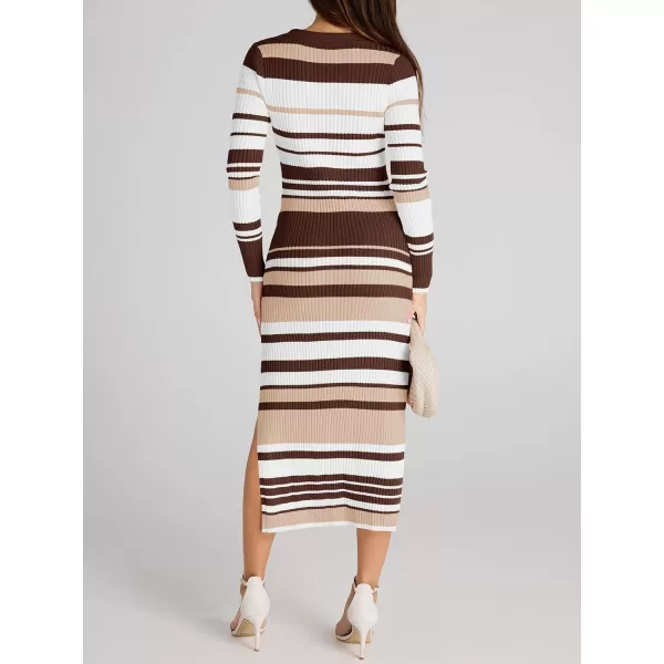 Saodimallsu Womens Striped Sweater Dress V Neck Collared Slim Fit Fall Knit Trendy Sexy Bodycon Slit Midi DressesCoffee