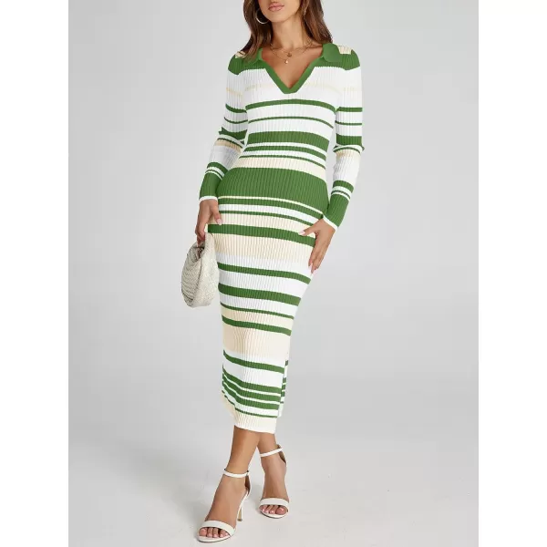 Saodimallsu Womens Striped Sweater Dress V Neck Collared Slim Fit Fall Knit Trendy Sexy Bodycon Slit Midi DressesGreen