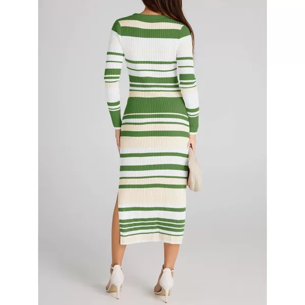 Saodimallsu Womens Striped Sweater Dress V Neck Collared Slim Fit Fall Knit Trendy Sexy Bodycon Slit Midi DressesGreen