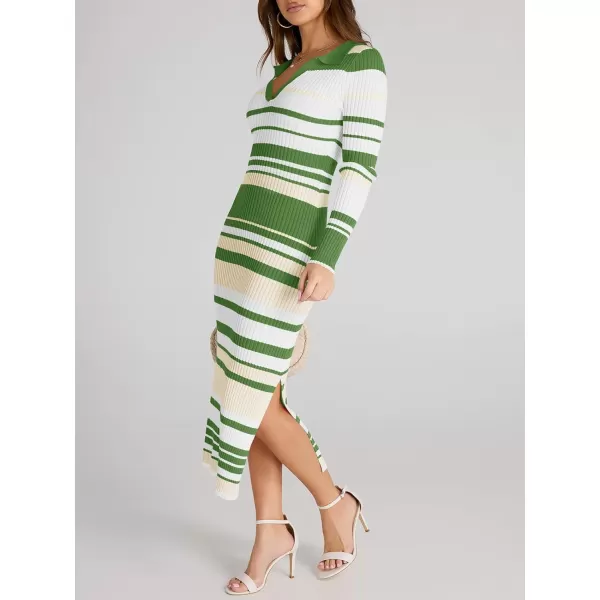 Saodimallsu Womens Striped Sweater Dress V Neck Collared Slim Fit Fall Knit Trendy Sexy Bodycon Slit Midi DressesGreen