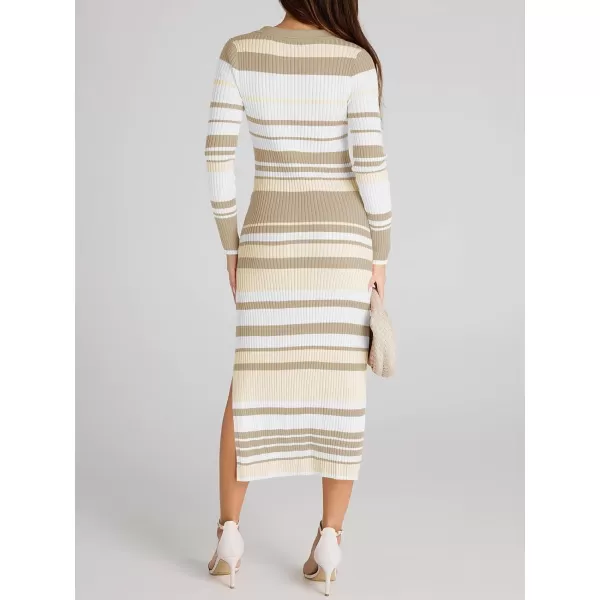 Saodimallsu Womens Striped Sweater Dress V Neck Collared Slim Fit Fall Knit Trendy Sexy Bodycon Slit Midi DressesKhaki