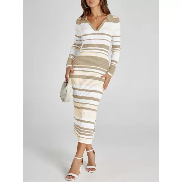 Saodimallsu Womens Striped Sweater Dress V Neck Collared Slim Fit Fall Knit Trendy Sexy Bodycon Slit Midi DressesKhaki