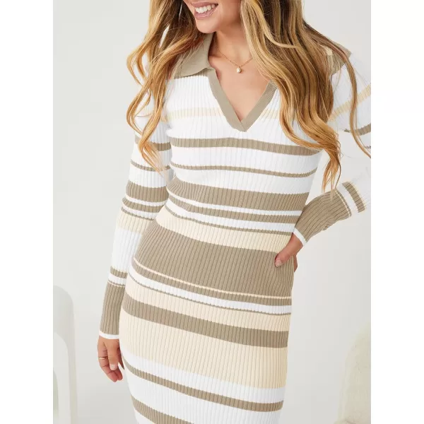 Saodimallsu Womens Striped Sweater Dress V Neck Collared Slim Fit Fall Knit Trendy Sexy Bodycon Slit Midi DressesKhaki