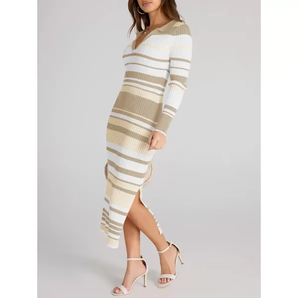 Saodimallsu Womens Striped Sweater Dress V Neck Collared Slim Fit Fall Knit Trendy Sexy Bodycon Slit Midi DressesKhaki