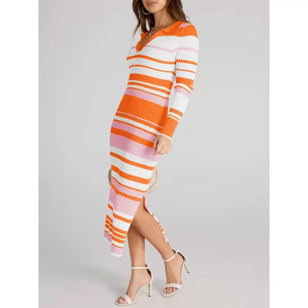 Saodimallsu Womens Striped Sweater Dress V Neck Collared Slim Fit Fall Knit Trendy Sexy Bodycon Slit Midi DressesOrange