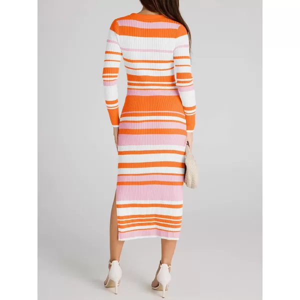 Saodimallsu Womens Striped Sweater Dress V Neck Collared Slim Fit Fall Knit Trendy Sexy Bodycon Slit Midi DressesOrange