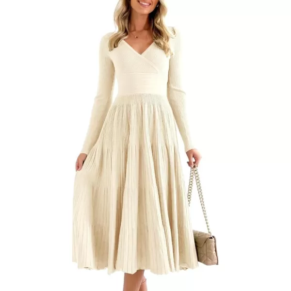 Saodimallsu Womens Long Sleeve Midi Sweater Dress Wrap V Neck Pleated A Line Fit Flare Elegant Knit Maxi DressBeige