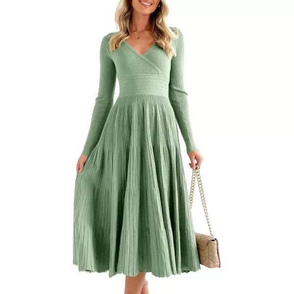 Saodimallsu Womens Long Sleeve Midi Sweater Dress Wrap V Neck Pleated A Line Fit Flare Elegant Knit Maxi DressLight Green