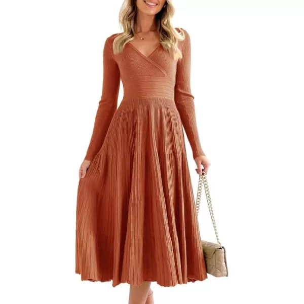 Saodimallsu Womens Long Sleeve Midi Sweater Dress Wrap V Neck Pleated A Line Fit Flare Elegant Knit Maxi DressOrange