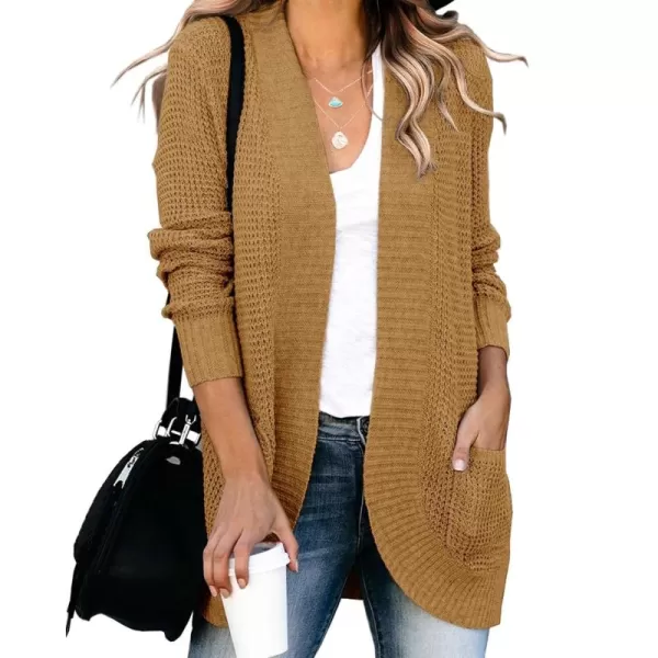 Saodimallsu Womens Loose Open Front Cardigan Long Sleeve Casual Lightweight Soft Knit Sweaters Coat with PocketsCamel