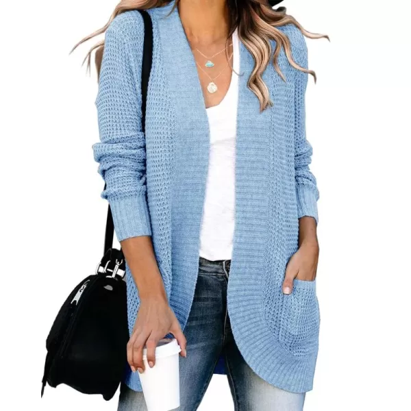 Saodimallsu Womens Loose Open Front Cardigan Long Sleeve Casual Lightweight Soft Knit Sweaters Coat with PocketsLight Blue